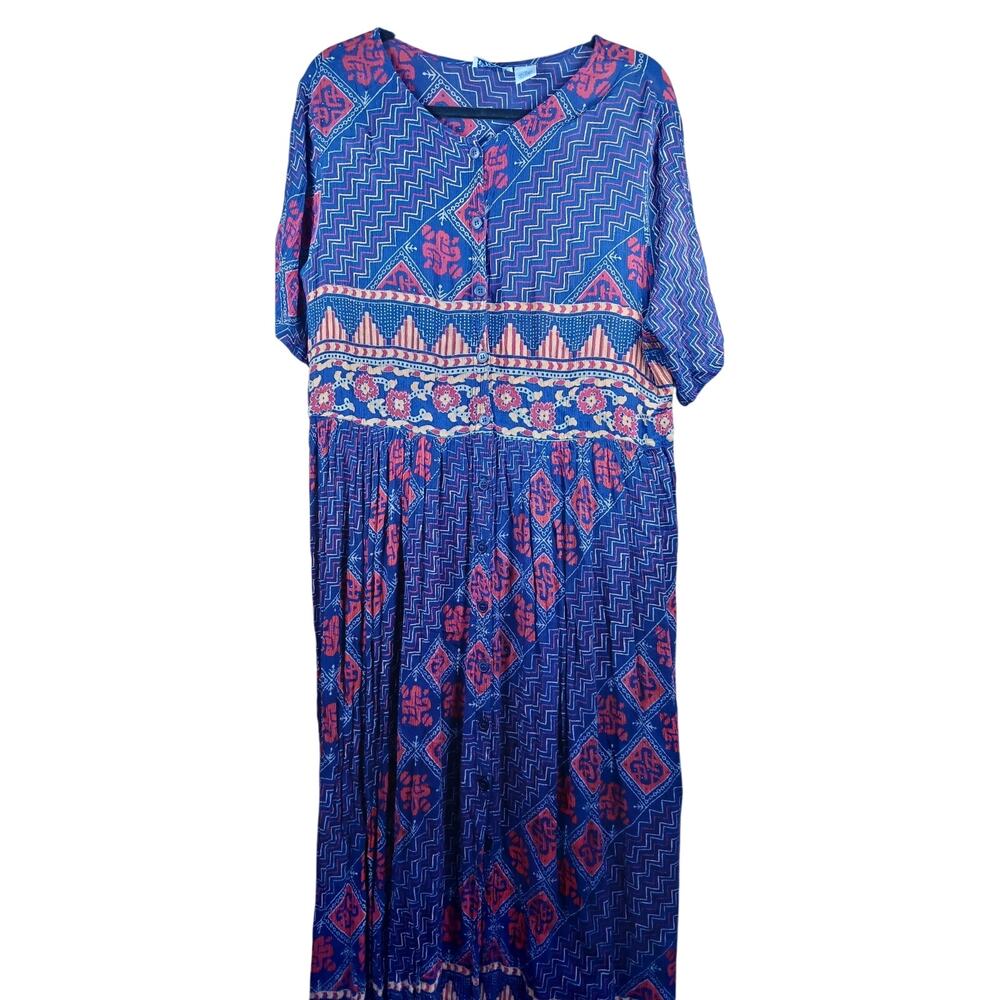 Kathy White 1X Plus Size Boho Maxi Dress Navy Blue Red Border Print Vintage 90s
